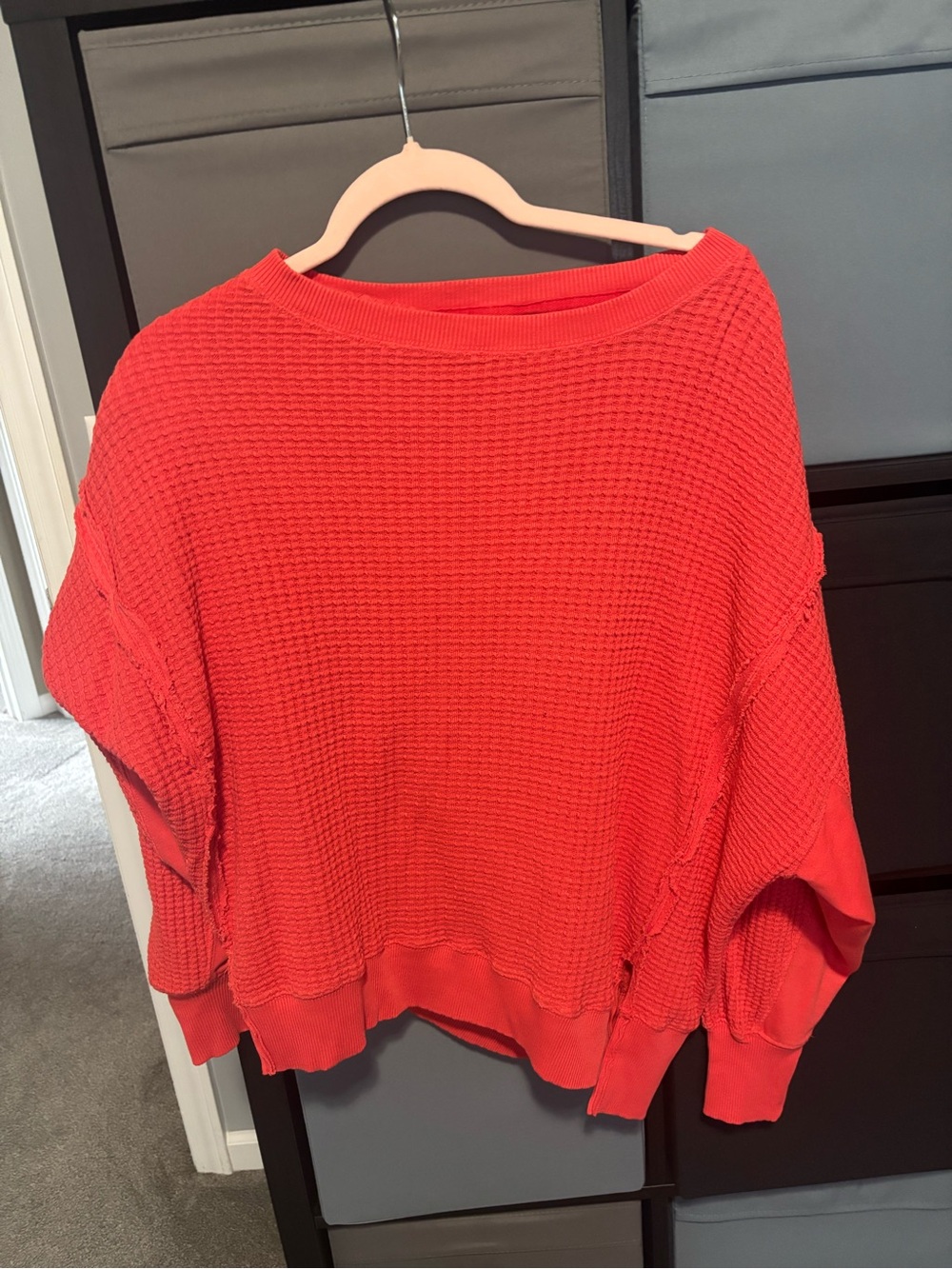 American Eagle Outfitters Bright Coral Waffle-Knit Crewneck